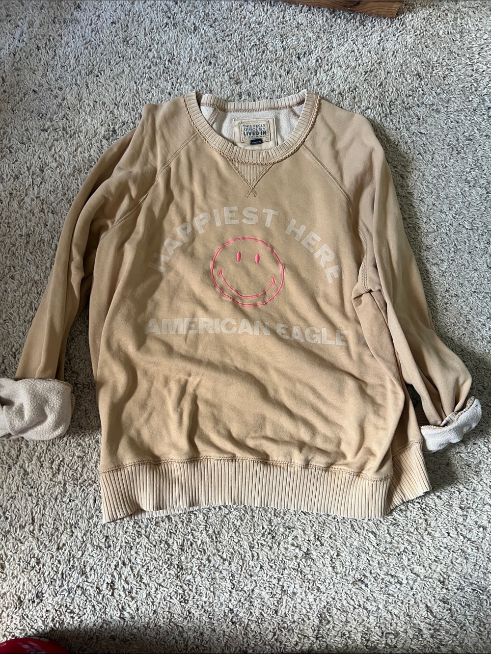 American Eagle Beige 'Happiest Here' Smiley Sweatshirt